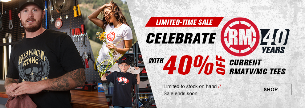 Limited-Time Sale, Celebrate RM 40 years with 40 percent off Current RMATVMC, Limited to stock on hand, Sale ends soon, a man, woman, and young boy wearing Rocky Mountain ATV/MC tees, link, shop